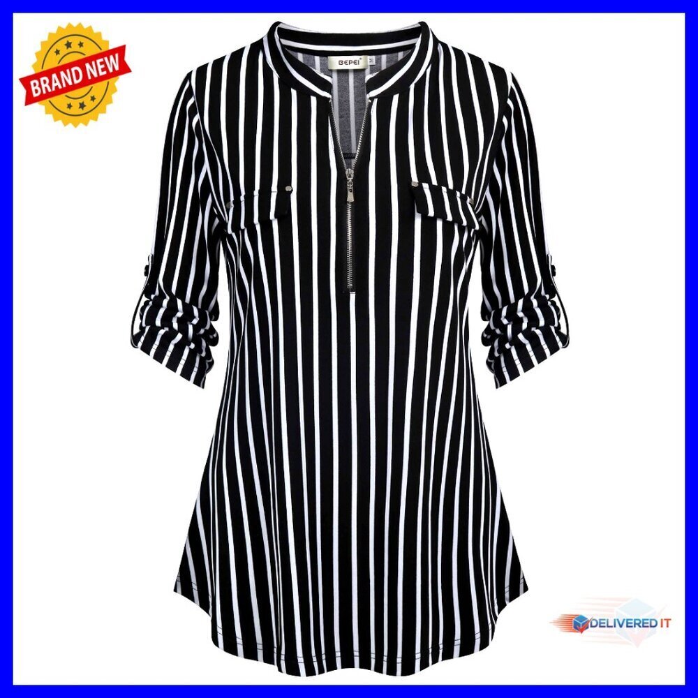 Floral 3/4 Sleeve Zip-Up V-Neck Blouse Lightweight Chiffon Office Wear Chic